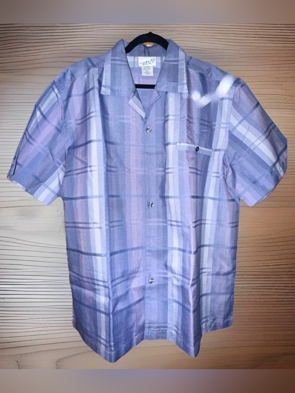 Vtg Irvine Park Men's Short-Sleeve Periwinkle Blue Plaid Button Down Shirt-XL-EC